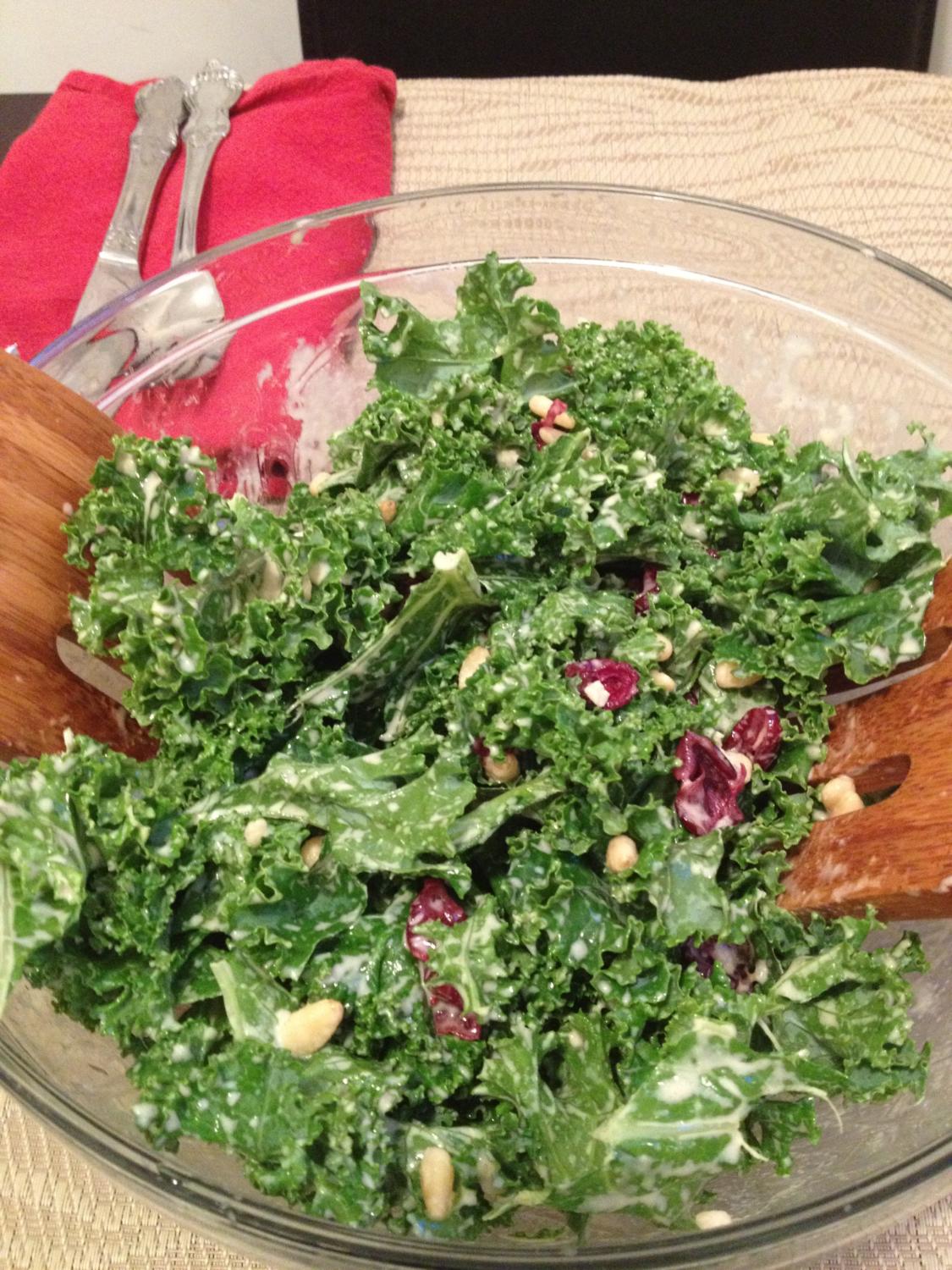LemonTahini Dressed Kale with Pine Nuts and Cranberries Mind in the